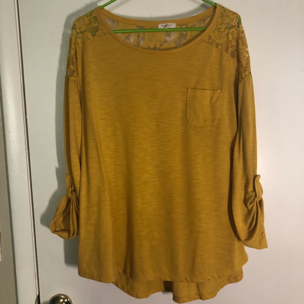 Mustard yellow flower lace button sleeve shirt
